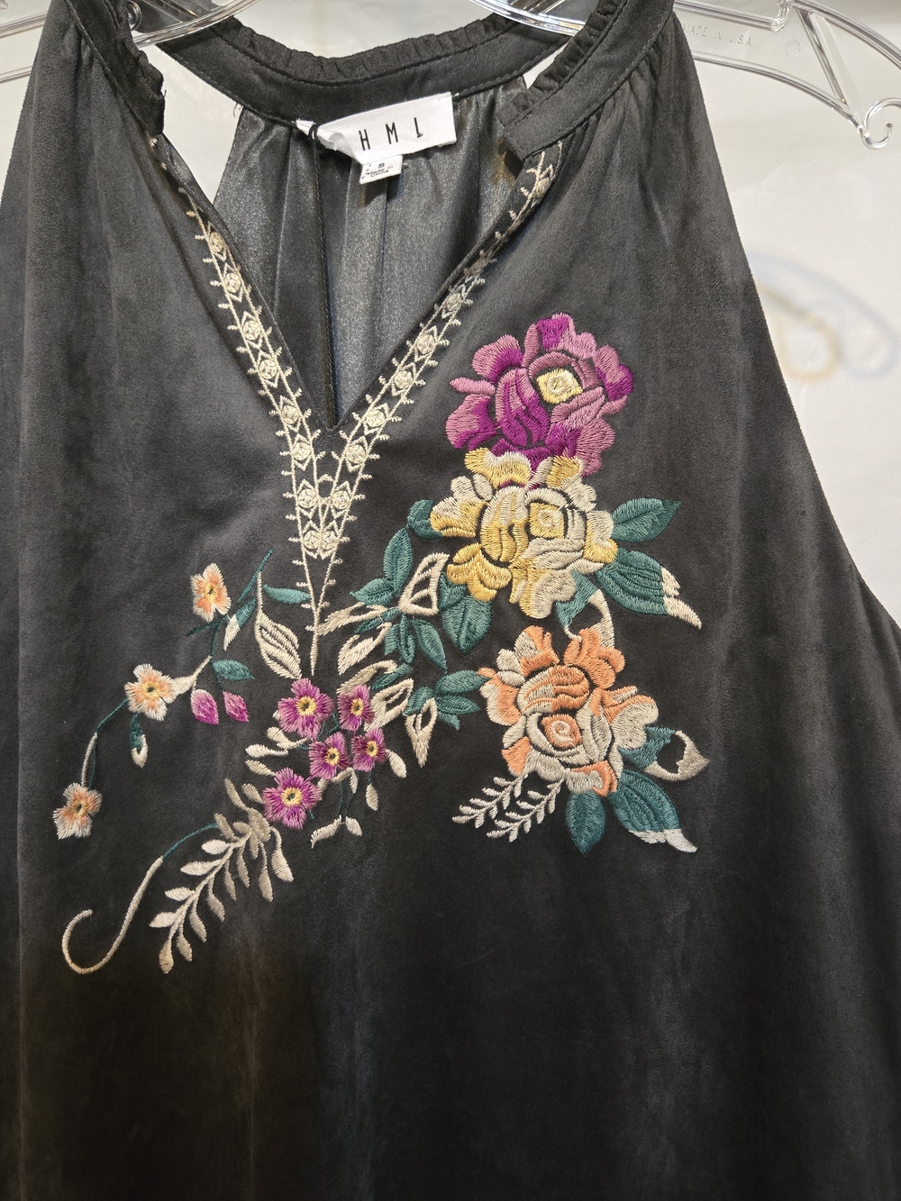 THML Gray Suede Halter Dress with Floral Embroidery - Picture 3 of 6